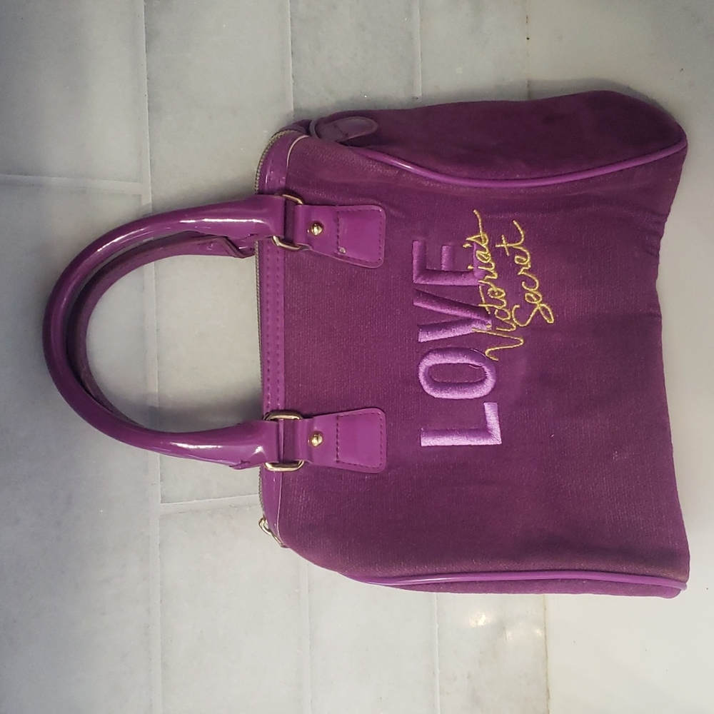 Victoria's Secret bag purse purple love vinyl handle and bottom